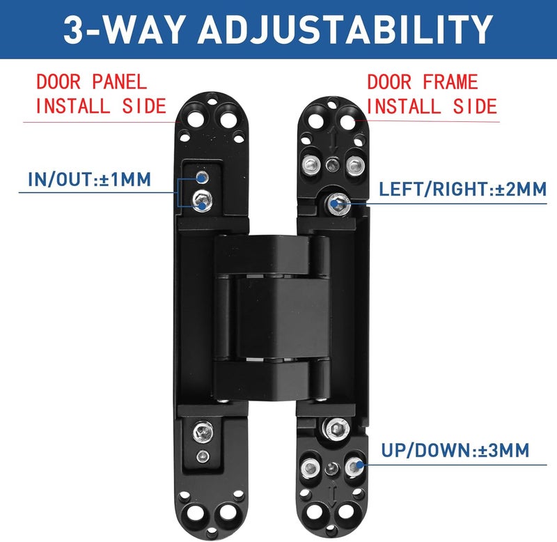 TamBee 6inch Hidden Door Hinges Invisible Hinges Concealed Hinges Zinc Alloy 180 Degree Swing Hinge 3 Way Adjustable Butt Hinge 6 x 2.5 x 1 inch Black (2 Pack) - Image 3